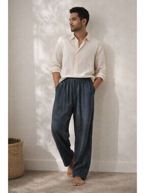 Vintage Rayon Pants USA Made Relaxed Elastic Waist Unisex Blue M